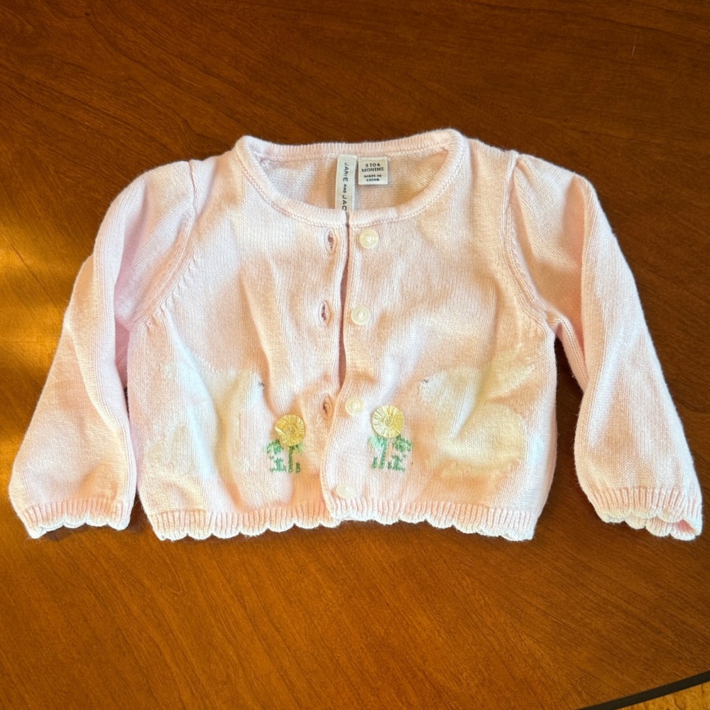Janie and Jack Light Pink Knit Cardigan with Bunny / Floral Embroidery